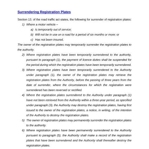 Document preview: Guide to Surrendering Licence Plates in Jamaica — Vehicle & driving (CERFA n°Surrendering_Licence_Plates_062025)