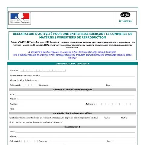 Aperçu du document Formulaire 14530*03 pour le commerce de matériels forestiers — Entreprise & professionnels (CERFA n°14530*03)