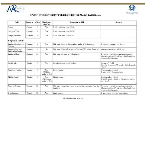Document preview: Mastering the Monthly PAYE Return e-File Specifications — Taxes (SpecificationMonthlyCSGPAYE)