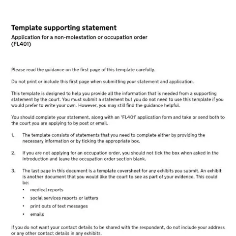 Document preview: Understanding the FL401T Supporting Statement Form for UK Court Orders — Legal & justice (FL401T)