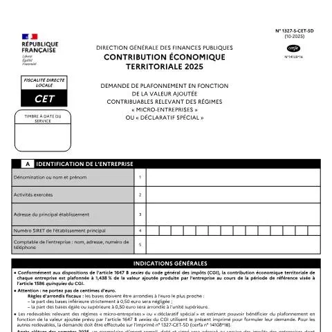 Aperçu du document Dégrèvement CET : mode d'emploi du formulaire 1327S-CET-SD — Impôts & fiscalité (CERFA n°14109)