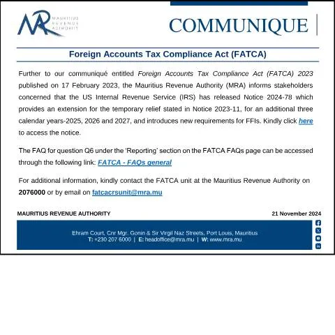 Document preview: Mauritius FATCA Compliance Update 2024 — Taxes (CommuniqueFATCA211124)