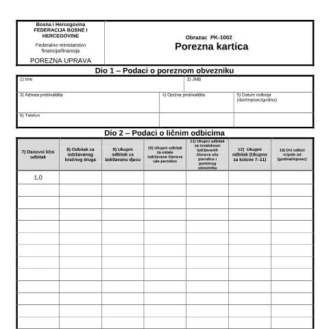 Document preview: Razumijevanje Porezne Kartice PK-1002 u BiH — Porezi i fiskalnost (CERFA n°PK-1002)