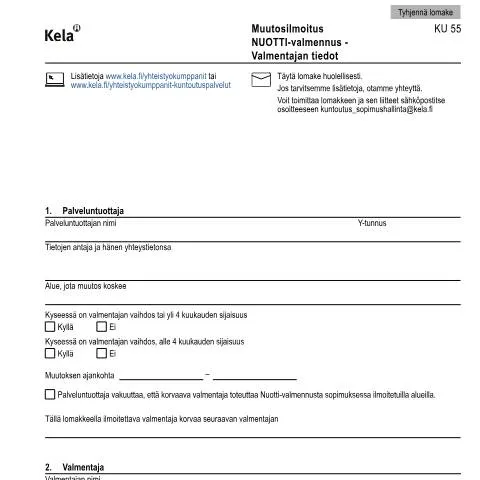 Document preview: NUOTTI-valmentajan muutosilmoitus ja sen merkitys — Terveys (CERFA n°Kela KU 55)