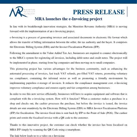 Document preview: Revolutionizing Invoicing: MRA's e-Invoicing Initiative — Government & admin (PressRelease-Invoicing261022)
