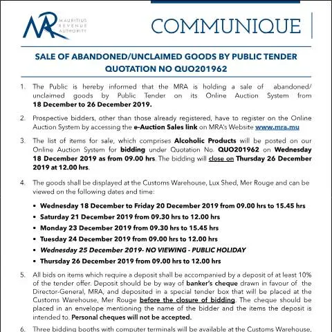 Document preview: Unlock Opportunities with the Sale of Unclaimed Goods — Government & admin (Communique62of2019)