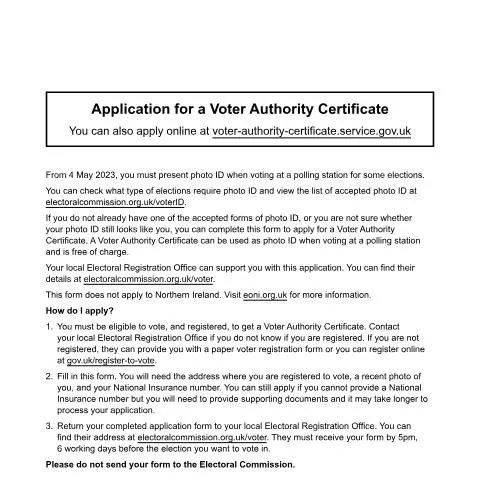 Document preview: How to Apply for Your Voter Authority Certificate by Post in the UK — Government & admin