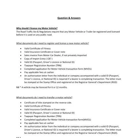 Document preview: Understanding the Motor Vehicle Transaction Form in Jamaica — Vehicle & driving (CERFA n°motor_vehicle_transaction_q_a)