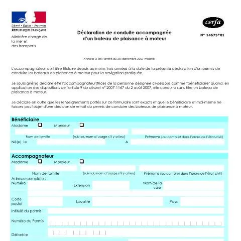 Aperçu du document Formulaire de déclaration pour l'apprentissage nautique accompagné — Véhicule & permis (CERFA n°14675*01)