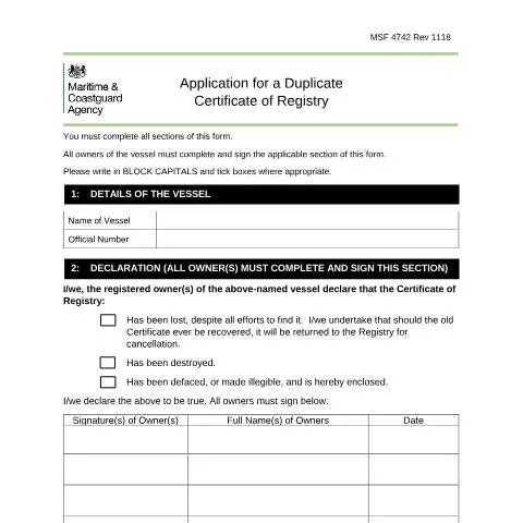 Document preview: How to Obtain a Duplicate Certificate of Registry (MSF 4742) — Government & admin