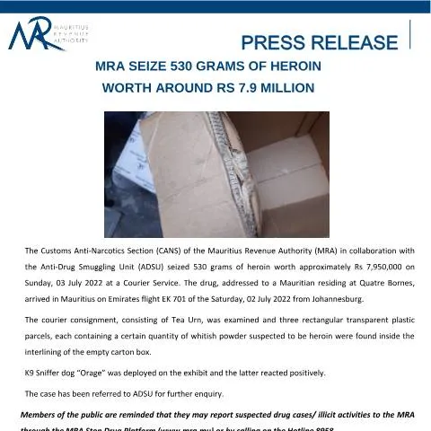 Document preview: MRA's Major Drug Seizure: 530 Grams of Heroin — Government & admin (PressRelease530g)