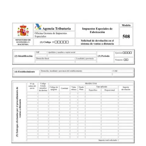 Vista previa del documento Formulario Modelo 508 para devolución de impuestos especiales — Impuestos (508)