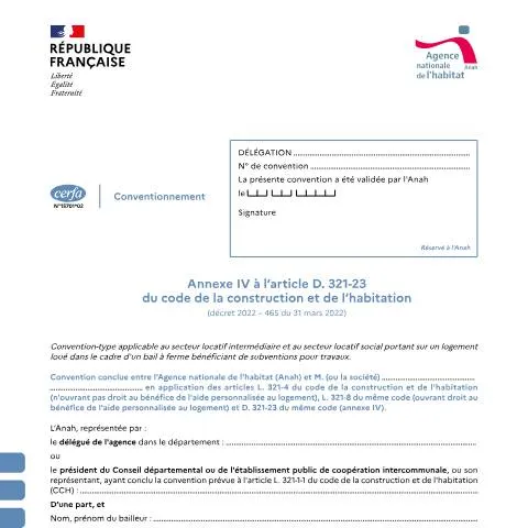 Aperçu du document Convention-type 15701*02 pour logements subventionnés — Logement (CERFA n°15701*02)