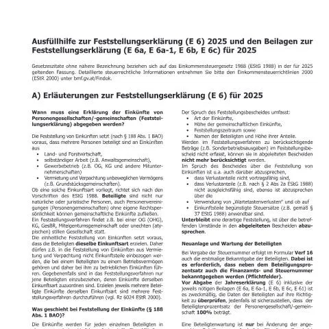 Dokumentvorschau: Wichtige Informationen zur Feststellungserklärung (E 6) 2025 — Steuern (E6-Erl)