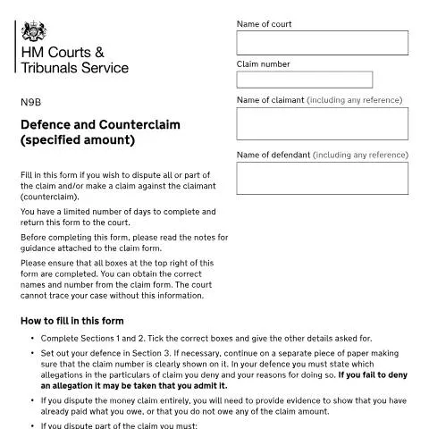 Document preview: Form N9B Defence and Counterclaim: Your Legal Response to Money Claims — Legal & justice