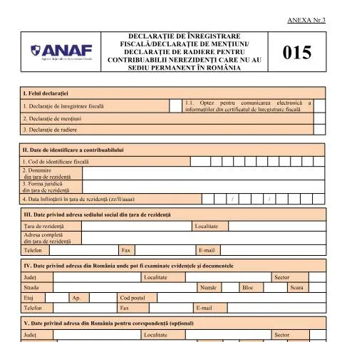 Document preview: Declarația de înregistrare fiscală pentru nerezidenți în România — Impozite & fiscalitate (CERFA n°D_015_OPANAF_15_2026)
