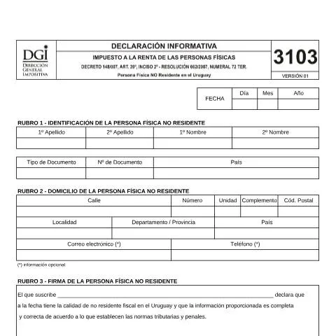 Vista previa del documento Formulario 3103: Declaración de No Residentes en Uruguay — Impuestos (CERFA n°3103)