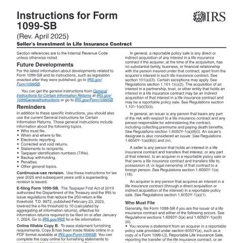 Document preview: Navigating IRS Instructions i1099SB for Life Insurance Contracts — Taxes (CERFA n°INST-1099SB)