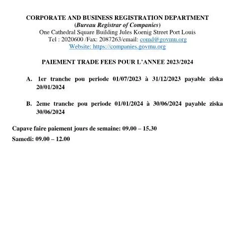 Document preview: Understanding the Trade Fee Notice 2023 for Businesses — Government & admin (TRADE-FEE-NOTICE-2023-Kreol)