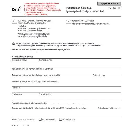 Document preview: Työnantajan hakemus työterveyshuollon kustannuksille — Terveys (CERFA n°Kela SV 98a TTH)