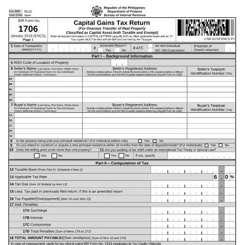 Document preview: Navigating BIR Form No. 1706 for Real Property Transfers — Taxes (CERFA n°1706)