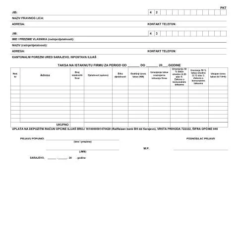 Document preview: Kako podnijeti Prijavu komunalne takse u Općini Ilijaš? — Porezi i fiskalnost (CERFA n°PKT-KS)