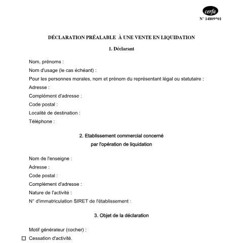 Aperçu du document Formulaire 14809*01 : déclaration préalable vente en liquidation — Démarches administratives (CERFA n°14809*01)