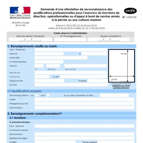 Aperçu du document Reconnaissance des qualifications maritimes européennes en France — Démarches administratives (CERFA n°14750*02)