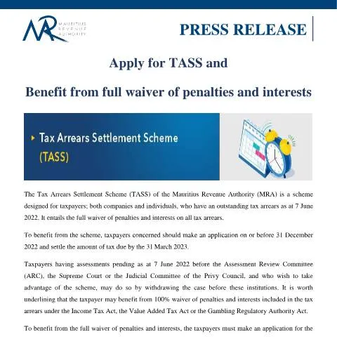 Document preview: Unlock Tax Relief with TASS: No More Penalties! — Government & admin (PressRelease260822)