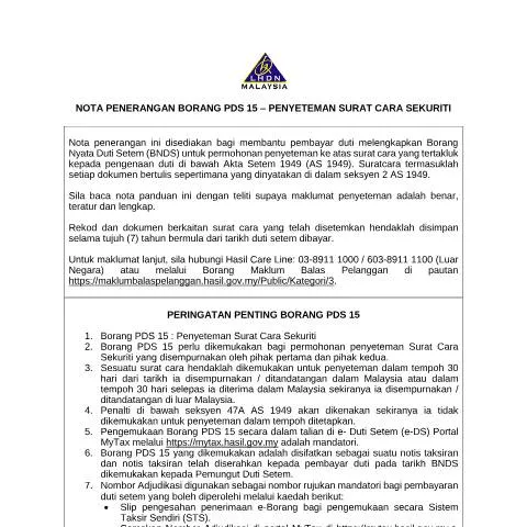 Document preview: Panduan Lengkap Borang PDS 15 untuk Penyeteman Surat Cara — Cukai & percukaian