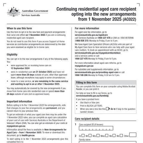 Document preview: Understanding the AC022 Form for Aged Care Recipients — Benefits & social aid (CERFA n°AC022)