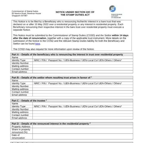 Document preview: Understanding IRAS Notice Under Section 22C for Residential Property — Taxes (CERFA n°NOTICE-UNDER-SECTION-22C)