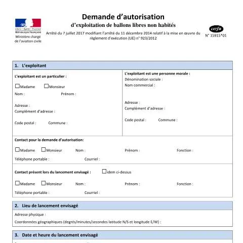 Aperçu du document Demande d'autorisation d'exploitation de ballons libres non habités — Démarches administratives (CERFA n°15915*01)