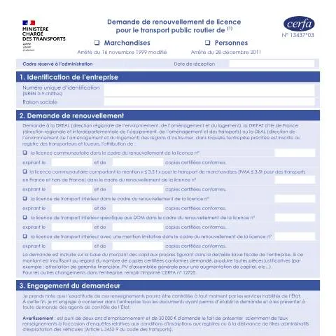 Aperçu du document Comment renouveler sa licence de transport avec le formulaire 13437*03 — Démarches administratives (CERFA n°13437*03)