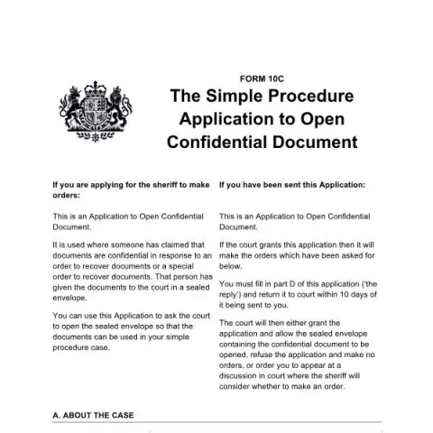 Document preview: Application to Open Confidential Document in Scottish Courts — Legal & justice (Form 10C)