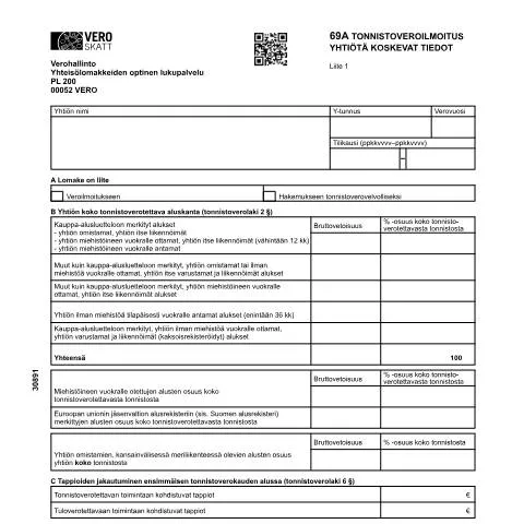 Document preview: Tonnistoveroilmoitus 69A - Yhtiön tiedot ja merkitys — Verot & verotus (CERFA n°Vero 3089)
