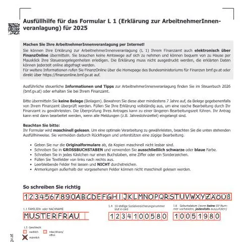 Dokumentvorschau: Leitfaden zur ArbeitnehmerInnenveranlagung 2025 — Behörden & Verwaltung (CERFA n°L2)