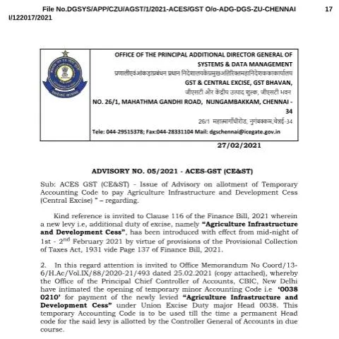 Document preview: Understanding Advisory 5 2021 on Agriculture Cess Compliance — Taxes (CERFA n°Advisory-5-2021-270221-Temporary-Accounting-Code-Agriculture)