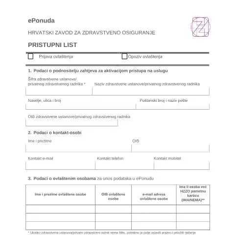 Document preview: Kako ispuniti 0b. Pristupni List ePonuda za HZZO — Zdravlje (CERFA n°0b. Pristupni List ePonuda)