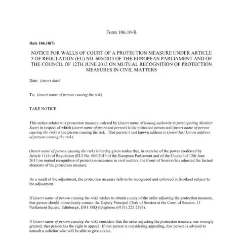 Document preview: Official Notice for Walls of Court of a Protection Measure in Scotland — Legal & justice (106/10-B)