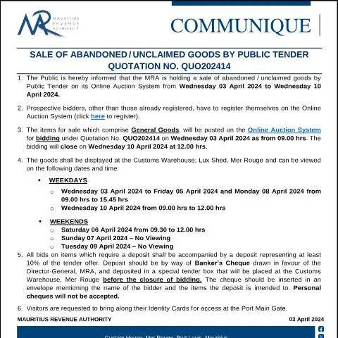 Document preview: Mauritius Revenue Authority Announces Public Sale of Unclaimed Goods — Government & admin (CommuniqueQuo202414)