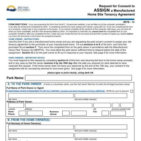 Document preview: Guide to RTB-10: Assigning Your Manufactured Home Site Tenancy — Housing (RTB-10)
