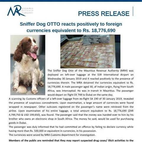 Document preview: The Impact of Sniffer Dog OTTO on Currency Regulations in Mauritius — Government & admin (PressRelease310119)