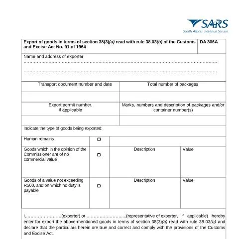Document preview: Understanding the DA 306A Form for Exporting Goods — Government & admin (CERFA n°DA 306A)