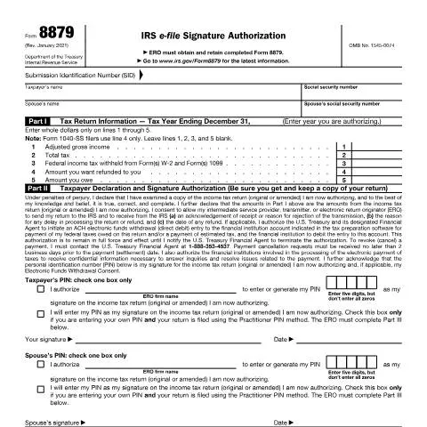 Document preview: The Importance of IRS Form 8879 in Tax E-Filing — Taxes (CERFA n°8879)