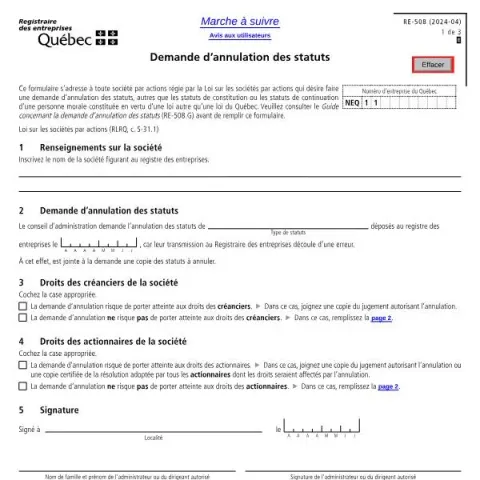 Document preview: Understanding the Company Statutes Cancellation Form in Quebec (French) — Government & admin (RE-508)