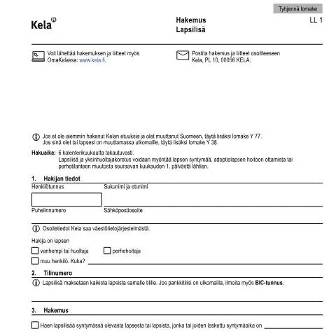 Document preview: Lapsilisä Hakemus: Tärkeys ja Esittämisajankohta — Hallinnolliset asiat (CERFA n°Kela LL 1)
