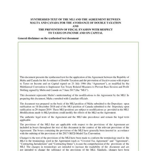 Document preview: Understanding the Malta-Canada Double Taxation Agreement on Pensions — Taxes (CERFA n°malta---canada-dta-(synthesised-text))