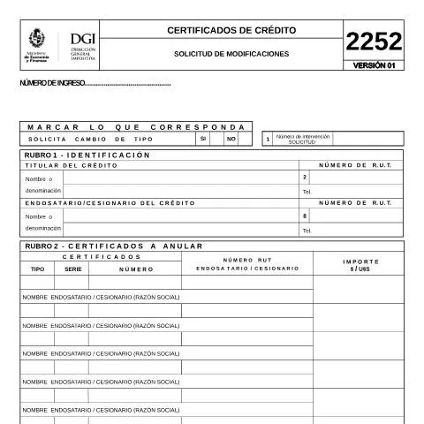 Vista previa del documento Formulario 2252: Modificaciones de créditos fiscales ante la DGI — Trámites administrativos (CERFA n°2252)