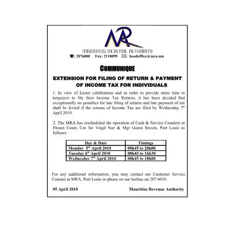 Document preview: Mauritius Income Tax Deadline Extended for April 2010 — Taxes (CommuniqueExtensionIncomeTax)